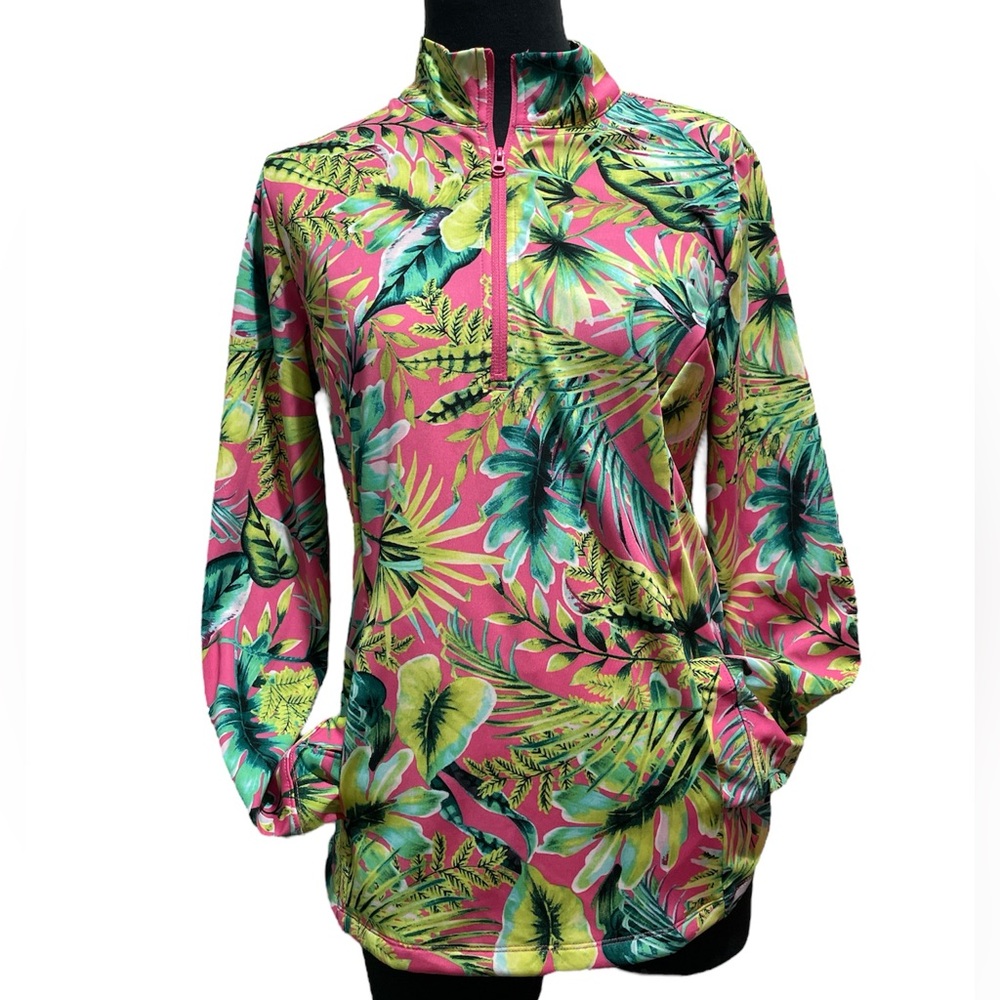Tropical floral mock neck vented pocket half-zip UPF 50 long sleeve golf shirt